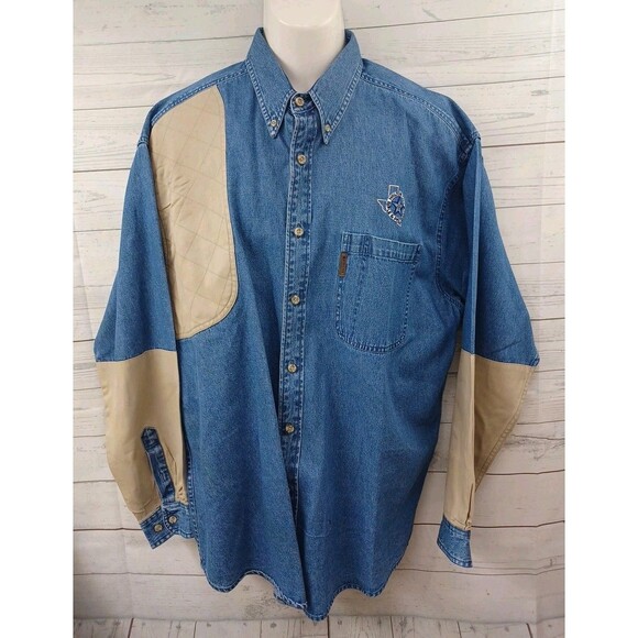 Vtg Magellan Shirt Mens XL Hunting Rifle Pistol Blue Denim Button Down Patch - Picture 1 of 10